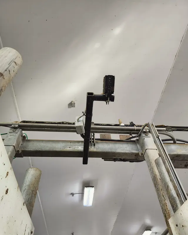 A Livestock 3D camera on its steel bracket above a parlour exit lane, seen from below, lenses facing down.