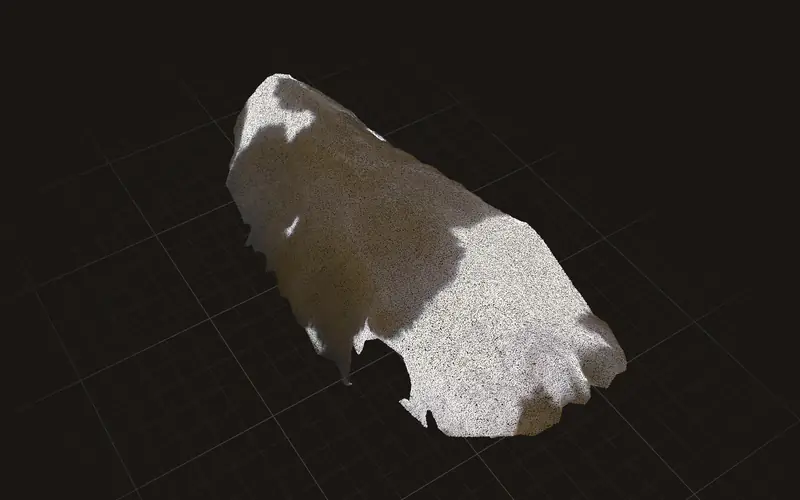 Point cloud of a cow's back from the overhead camera in its real coat colour, seen from above and behind, with gold measurement overlays